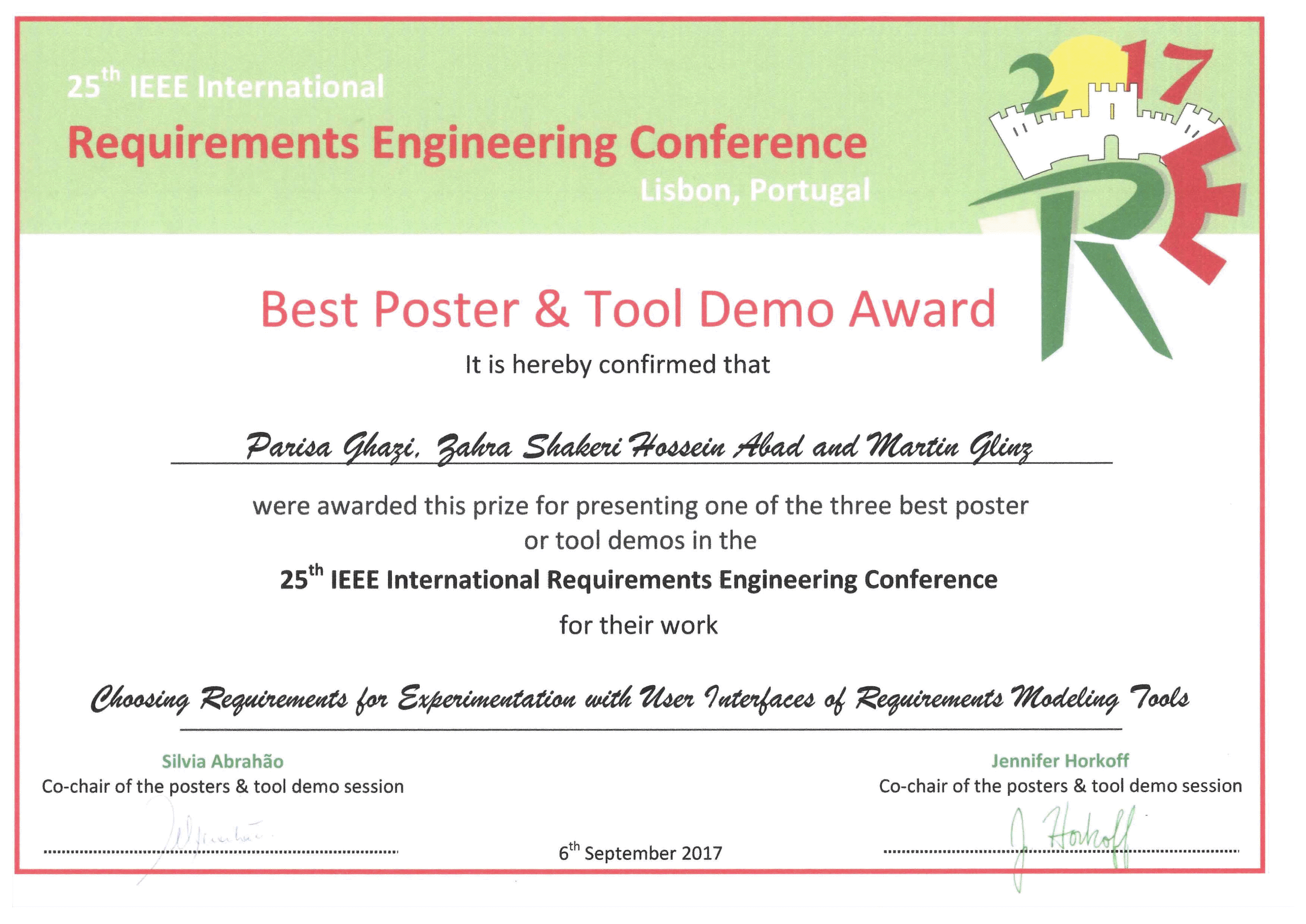 Best Poster and Demo Award at RE’17